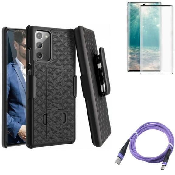 6ft USB Cable & Screen Protector & Case Belt Clip for Samsung Galaxy Note 20 (6.7") - Combo with Purple Type-C & Tempered Glass (Fingerprint Unlock) & Holster Swivel