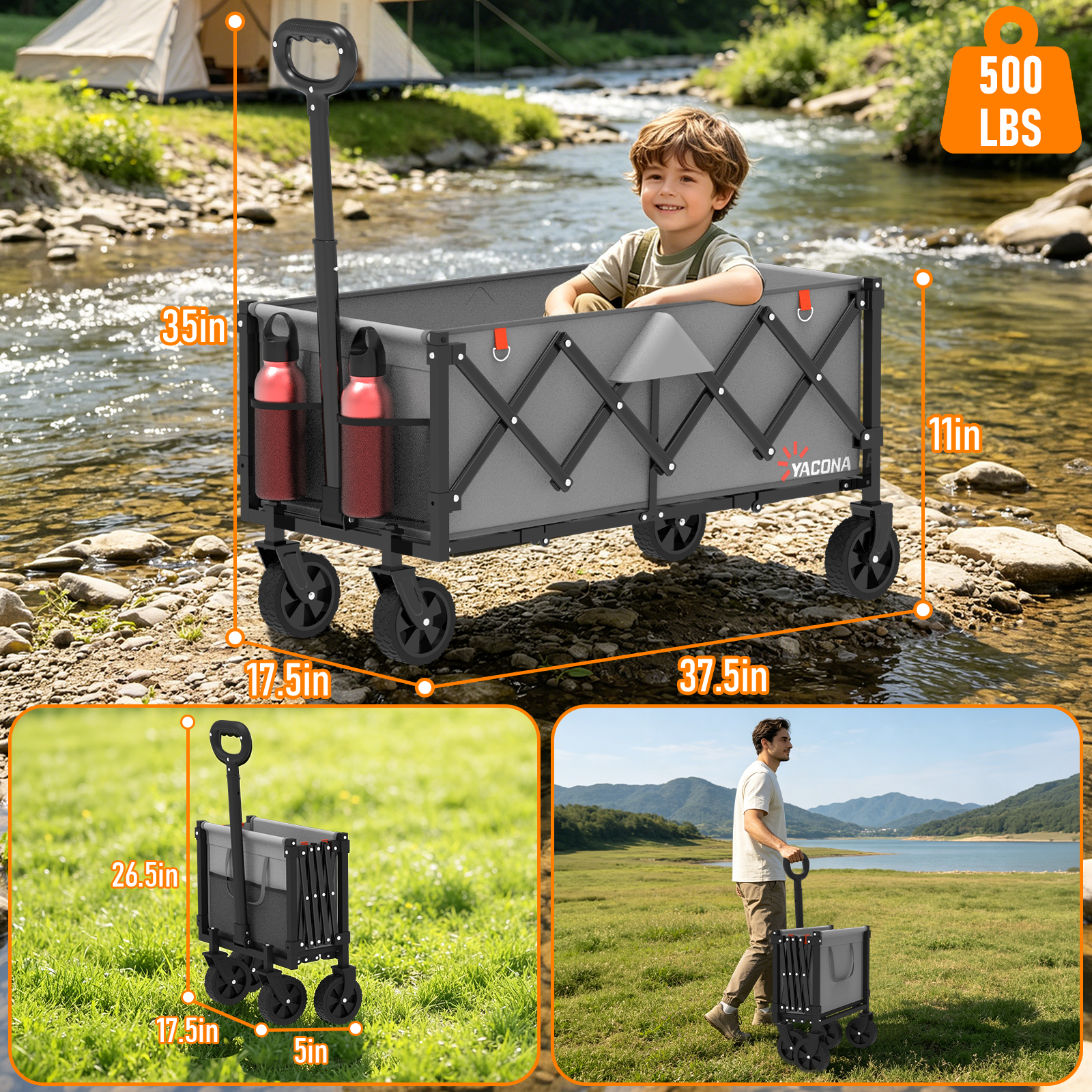 Yacona 35" L Extra Long Wagons Carts Foldable, 180L Capacity Beach Wagon, Heavy Duty Rolling Cart with Wheels, Gray