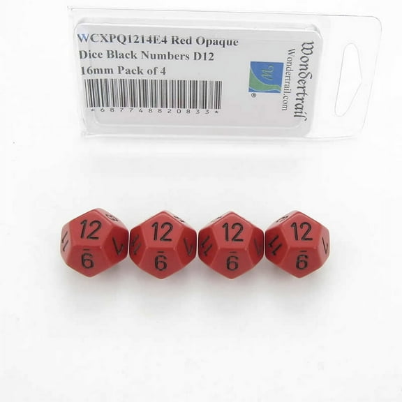 Red Opaque Dice with Black Numbers D12 Aprox 16mm (5/8in) Pack of 4 Wondertrail