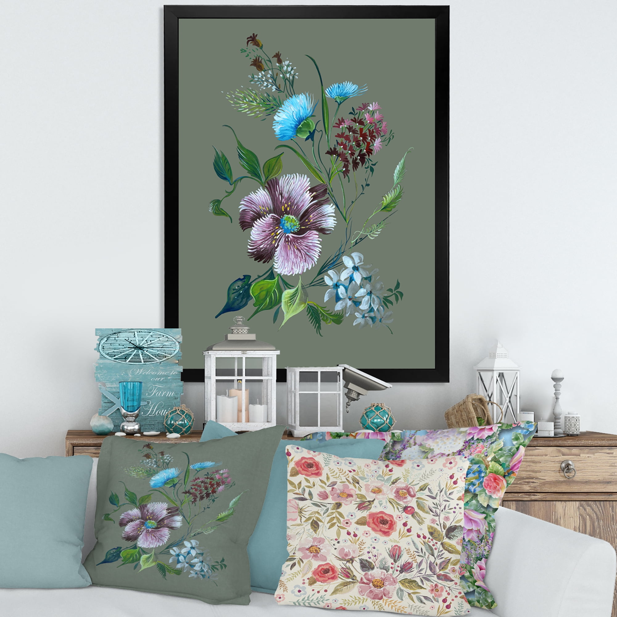 Turquoise and Purple Spring Flowers 12 in x 20 in Framed Painting Canvas Art Print, by Designart