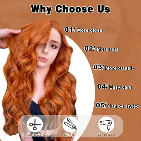 QUEENTAS 24" Ginger Long Wigs Water Wave Wigs Synthetic Deep Wavy Wig with Bangs Layered Curly Wig