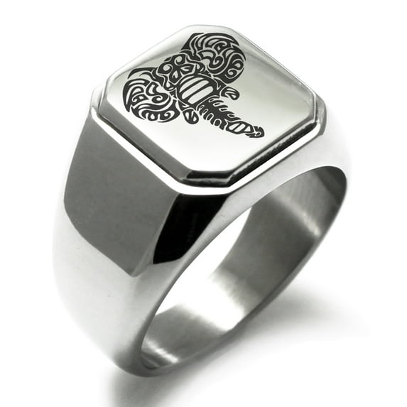 Stainless Steel Juggernaut Elephant Engraved Square Flat Top Biker Style Polished Ring