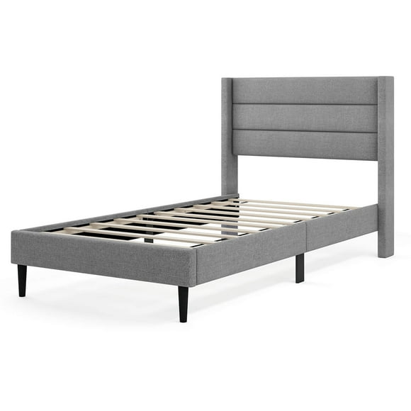 Costway Twin Bed Frame with Wingback Headboard Linen Upholstered Platform Bed Grey