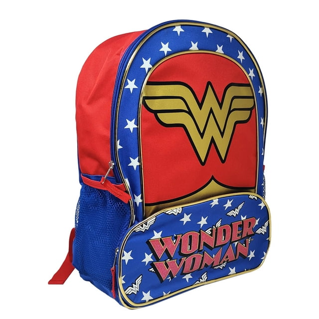 DC Wonder Woman Backpack 16" Glitter Logo Red White Blue Gold