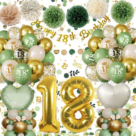 18th Birthday Decoration for Girls Boys, Green Gold Balloons Decorations with Happy 18th Birthday Banner, Number 18 Foil Balloon for Party Decorations
