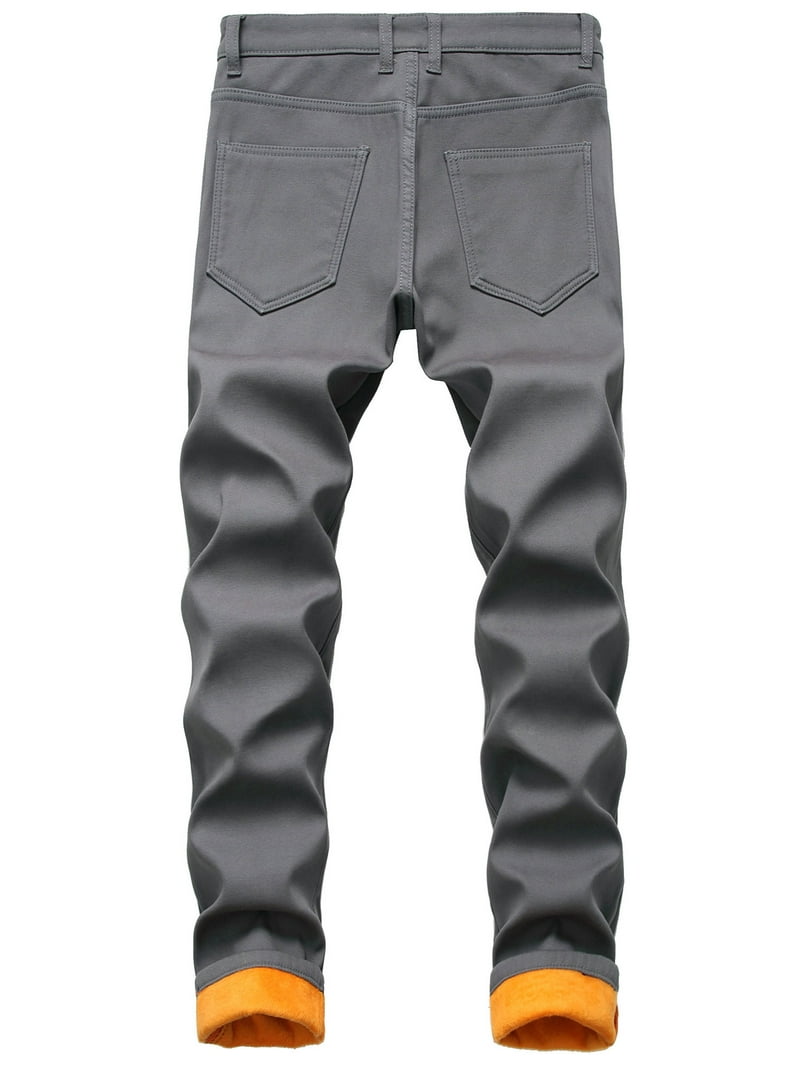 Frontwalk Men Denim Pants Thicken Plush Trousers Mid Waist