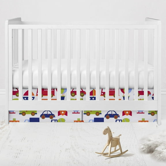 Bacati - Crib or Toddler Bed Skirt or Dust Ruffle 100% Cotton Percale, Transportation Blue/Navy/Orange/Red/Green