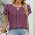 thumbnail image 4 of Fanxing Womens Summer Chiffon Tops Ruffled Short Sleeve T Shirts with Keyhole Basic Solid Color Tees Shirt Purple,L, 4 of 8