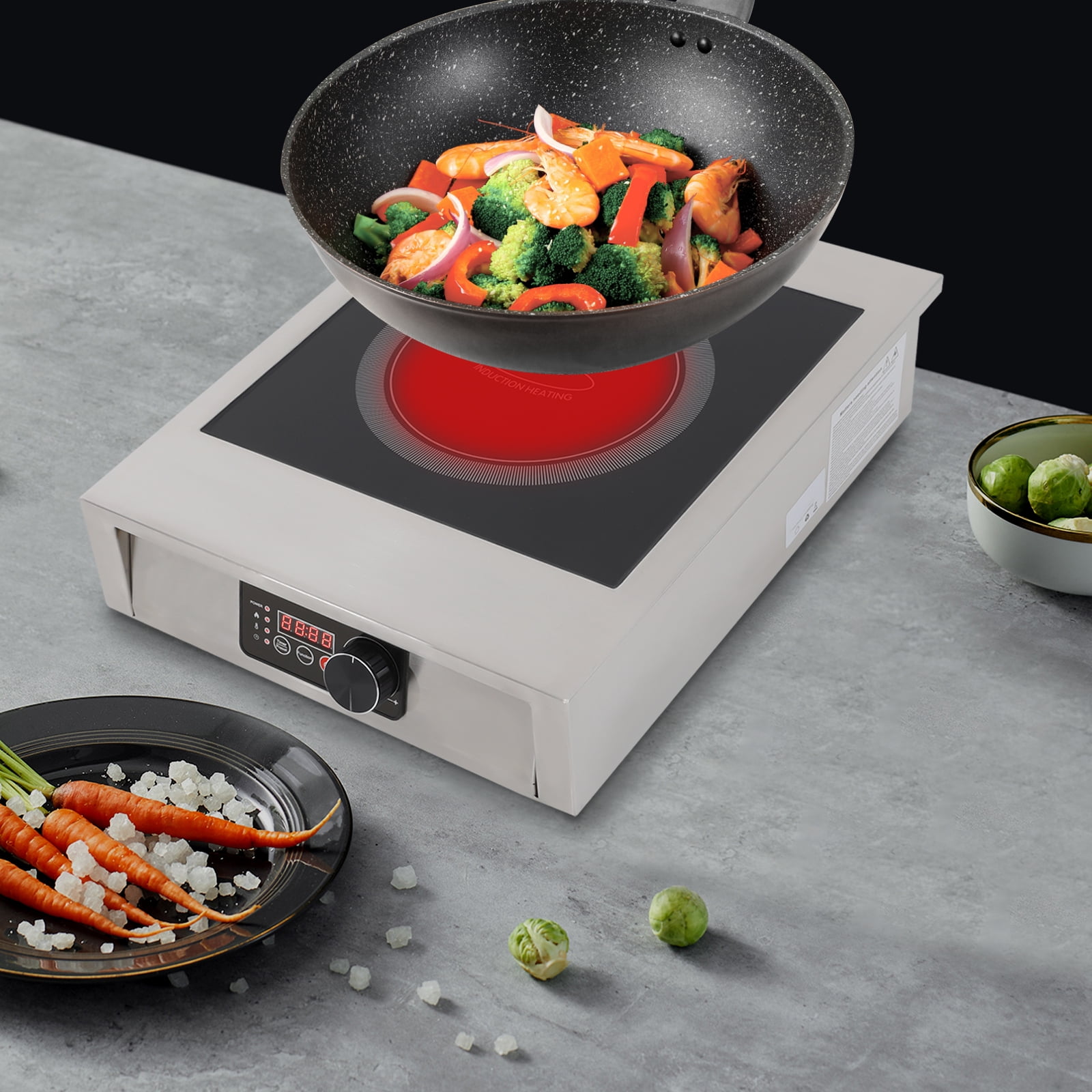 High-Power Commercial Induction Cooktop - 3500W Electric Burner, Energy Efficient, Adjustable Temperature, Overheat Protection, Stainless Steel & Black Crystal Panel