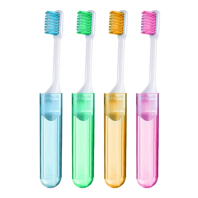 Matoen12 Portable Travel Toothbrush Set of 4, Foldable Manual Toothbrush for Adults with Transparent Storage Case, Gentle for Gums and Sensitive Teeth, Great for Trip Travel, 4PCS, Multicolor