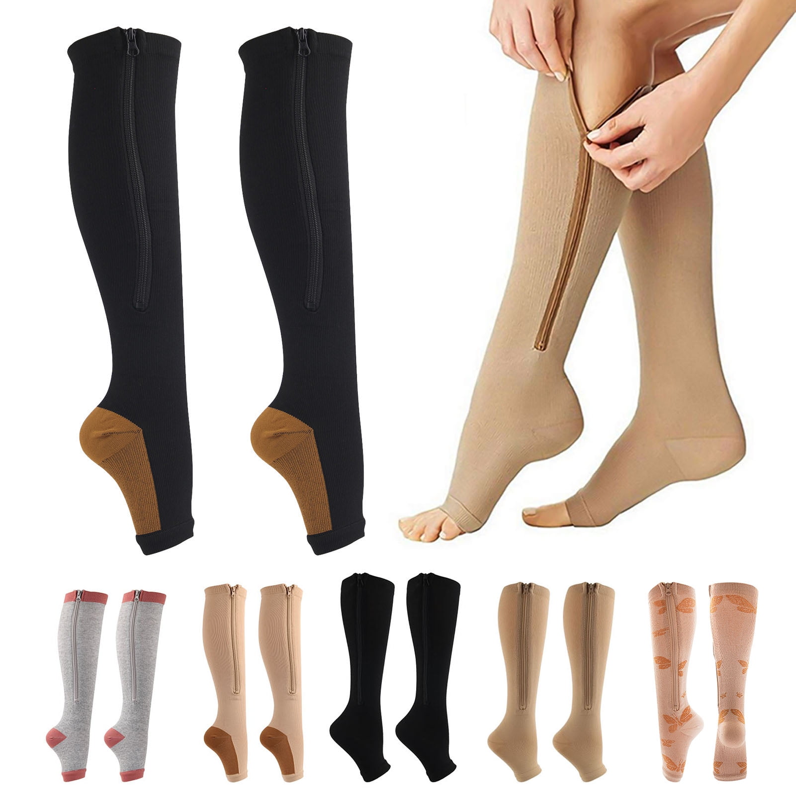 Brothock Zipper Compression Socks 1/2/3/5 Pairs Calf Knee High Stocking  Open Toe Medical Nursing Walking Runnng Hiking Sports
