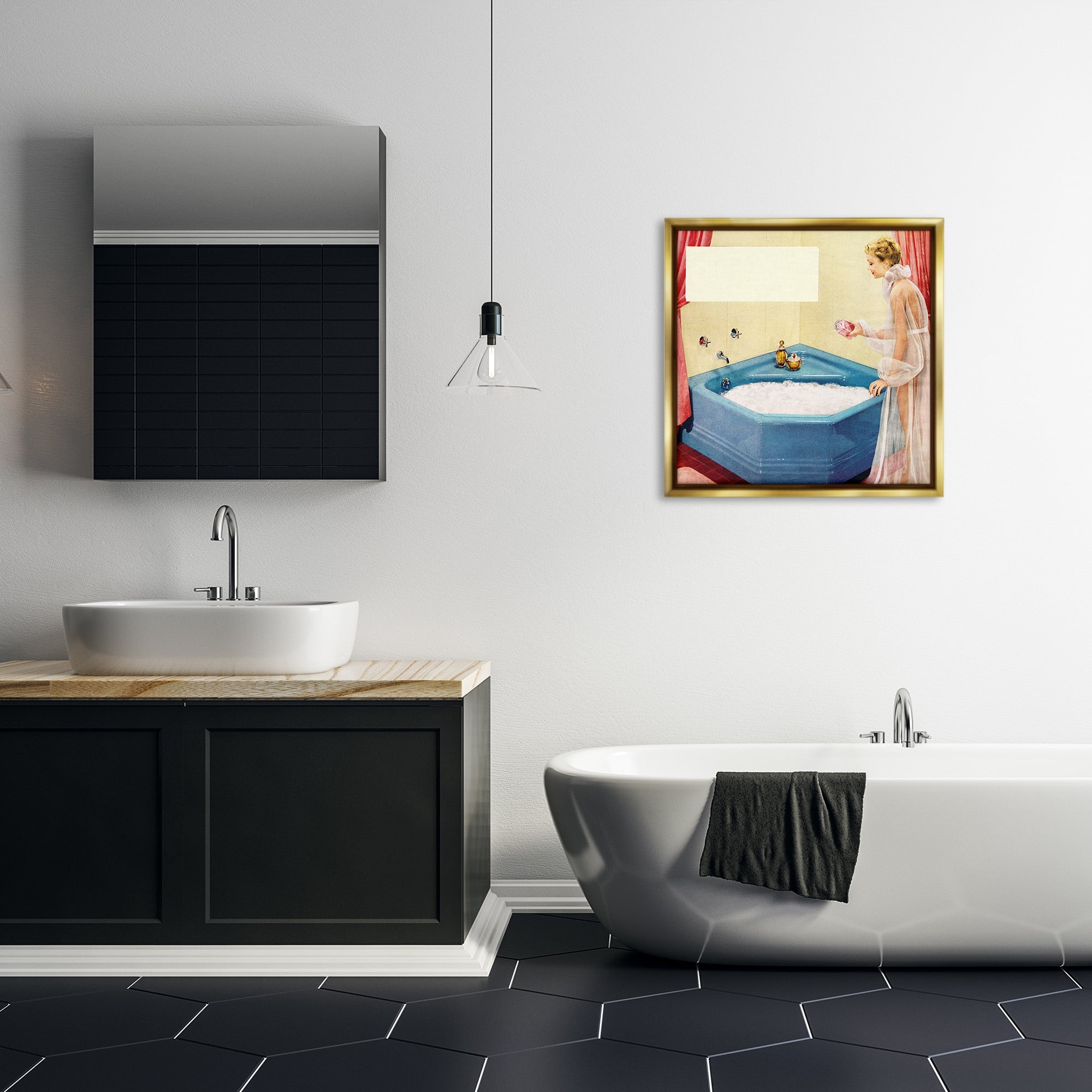 Stupell Industries Vintage Bubble Bath Girl Novelty Painting Gold Floater Framed Canvas Art Print Wall Art, 25 x 25