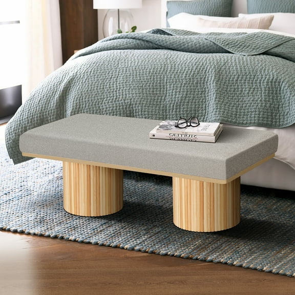 Noble House Upholstered Boucle Bench with Chunky Wooden Legs, Contemporary Bed-End or Entryway Bench, Natural