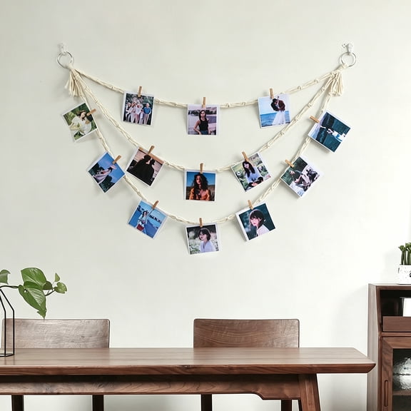 Macrame Hanging Photo Display, Boho Wooden Bead Picture Holder Collage Wall Decor for Bedroom Dorm
