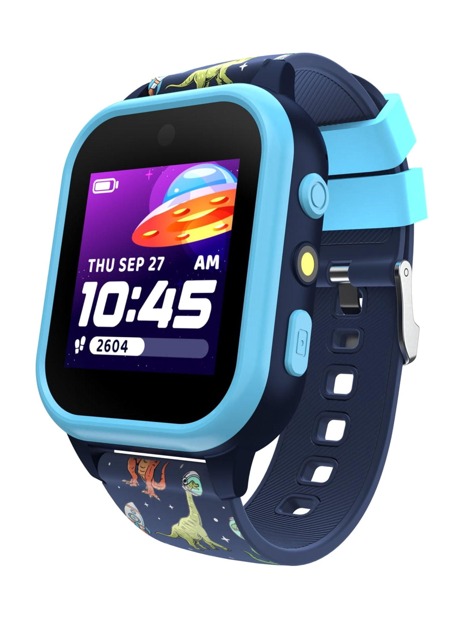 iTech Jr. 4 Kids Boys' Smartwatch with Camera, Audiobooks, and Games – Navy Blue Case with Navy Dinosaur Caricature Strap