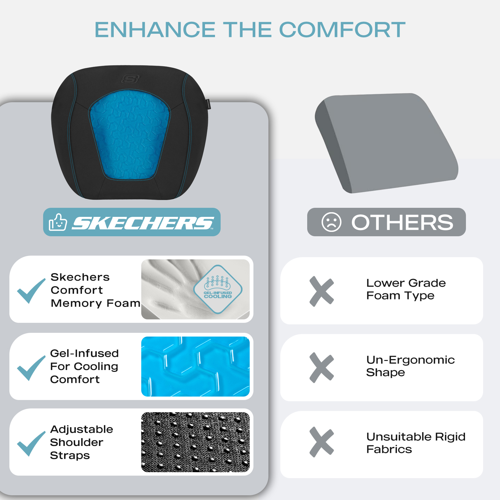 Skechers Car Seat Cushion, Gel Infused Memory Foam Seat Cushion, Cooling Breathable Car Cushion, Non-Slip Driving Seat Cushion, Ergonomic Support Cushion for Car Truck Office Chair, Black