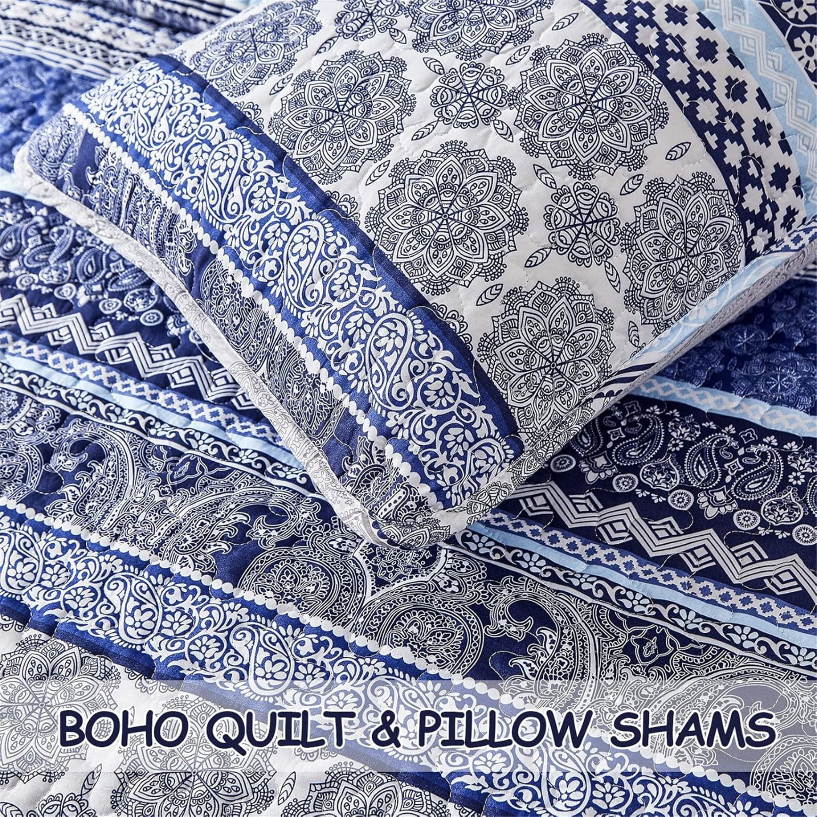 Dintszyayue Bohemian Quilt Set Queen Size,Blue Stripe 1Bedspread and 2Pillowcase Lightweight Adult(90"x96")
