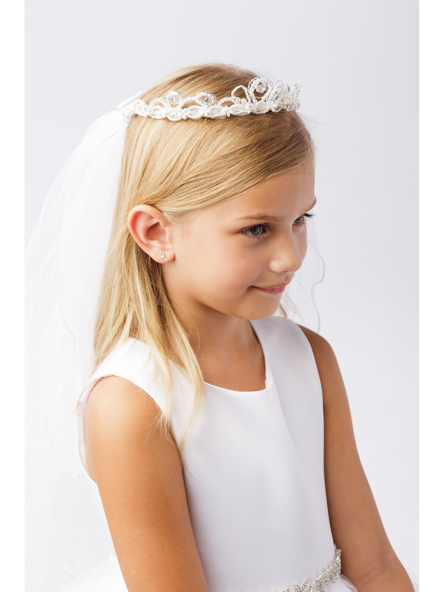 Girls White Pearl Rhinestone Embellished Crown Communion Flower Girl ...