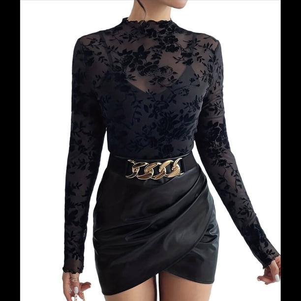Blusa de Larga con Encaje y para Mujer, con Estampado Floral, Transparente, Cuello Alto, Ideal para Fiestas y Clubes Nocturnos Negro XL