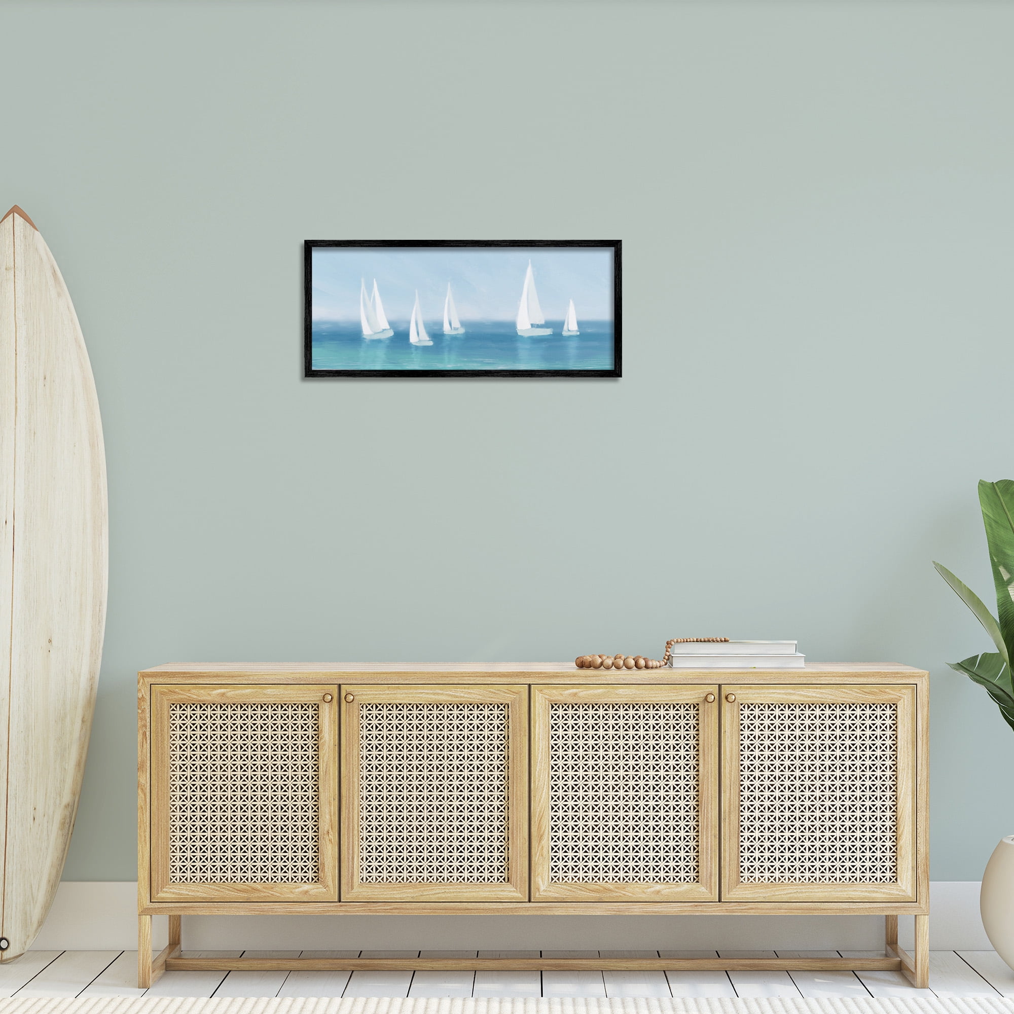 Stupell Industries White Sail Boats Across Coast Nature Painting Black Framed Art Print Wall Art, 30 x 13
