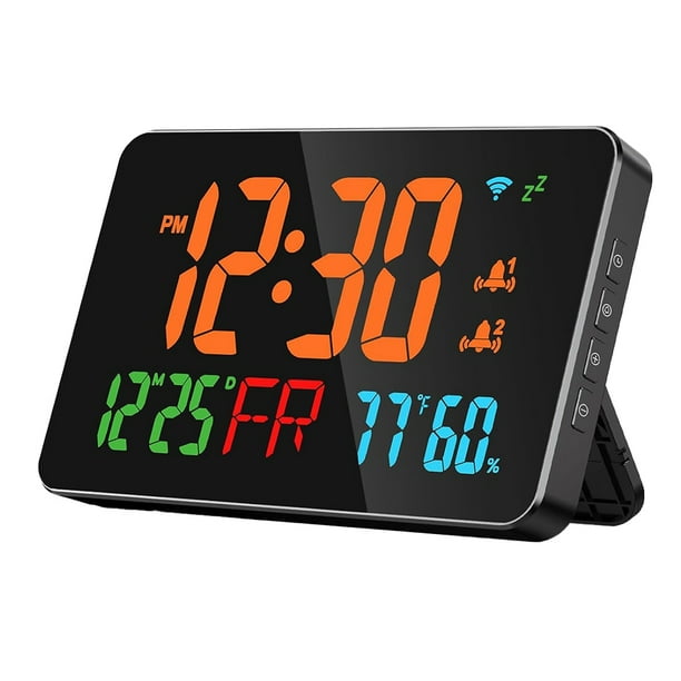 Reloj Despertador Digital con WiFi, Letras Extra Grandes, Temperatura y Humedad, Calendario, Semana, B