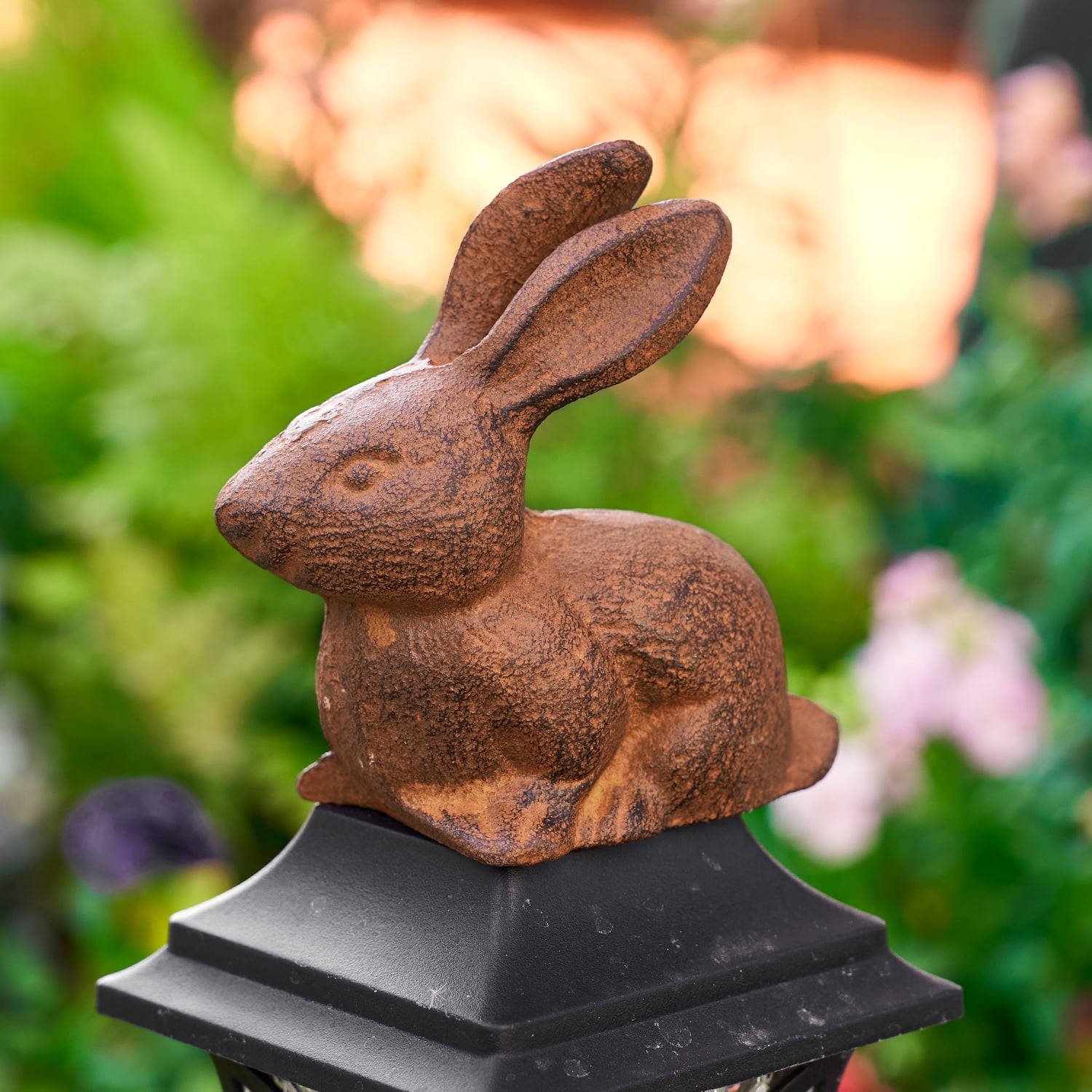 Sungmor Cast Iron Rabbit Statue,Rustic Rust Heavy Duty Animal Collection Sculpture, Paperweight, Doorstop, Adorable Garden Figurine - Long-Eared Rabbit Statue