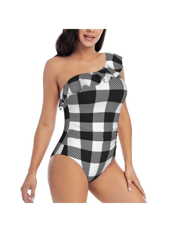Picia Black White Plaid Pattern Women's One Piece Swimsuits,One Shoulder Swimwear Asymmetric ,Ruffle Monokinis Bathing Suits,High Waisted Flattering Bathing Suits-Small
