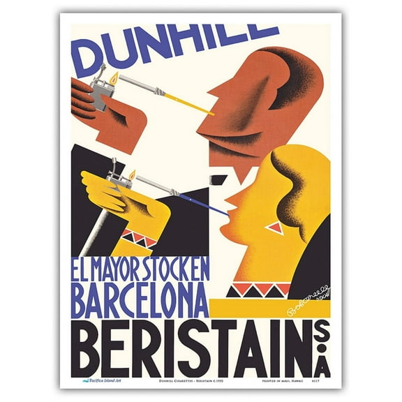 Dunhill Cigarettes - The Largest Stock in Barcelona - Beristain S.A. - Vintage Advertising Poster by Jacint Bofarull c.1932 - Master Art Print (Unframed) 9in x 12in