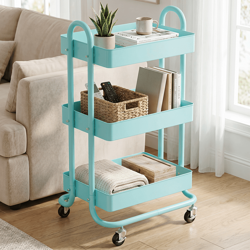 Fenbeli 3-Tier Metal Rolling Utility Cart with Wheels, blue, 18"L x 13.4"W x 31"H