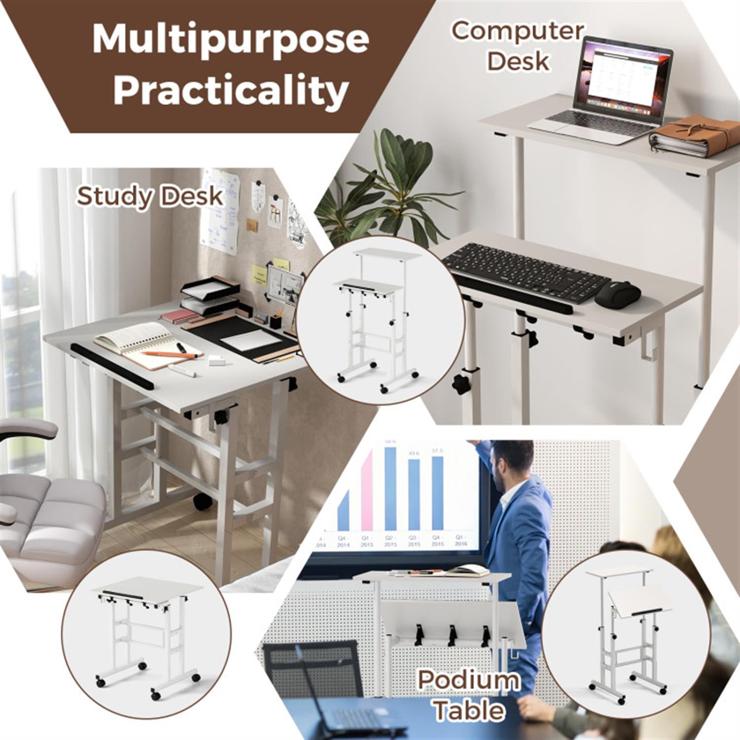 Demi Bonn Height Adjustable Mobile Standing Desk with Rolling Wheels for Office and Home, Laptop Workstation for Laptops, Books, Tablets, and Art, White