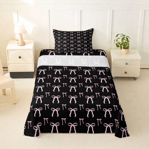 Erosebridal Pink Bowknot Twin Sheet Sets For Girls,Cute Bows Kawaii Stars Bedding,Pink Black 3 Pieces