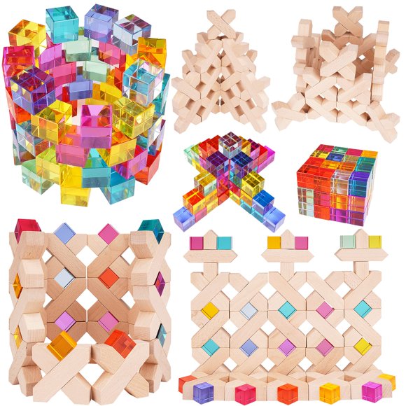 Agirlgle Wooden Rainbow Building Blocks Cube Gem Stacking Blocks Toy - Colorful Montessori Rainbow Stacker Toy Elegant Wood Rainbow Cube B