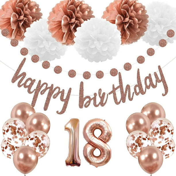 Décoration de fête d'anniversaire 18 ans, bannière de joyeux anniversaire à  paillettes d'or rose, ballon en aluminium numéro 18 avec pompons en papier  de soie, fournitures d'anniversaire de 18 ans pour fille