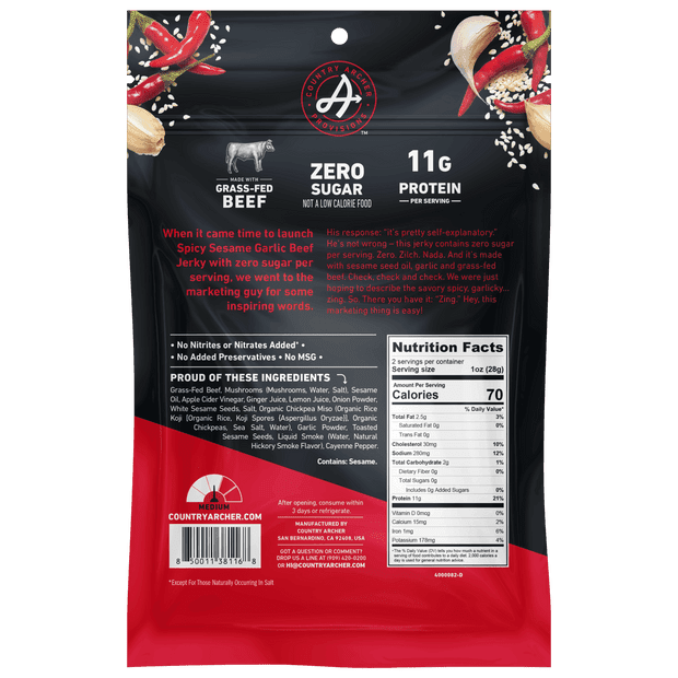 Pack of 12, Country Archer Zero Sugar Spicy Sesame Garlic Beef Jerky, 2 oz