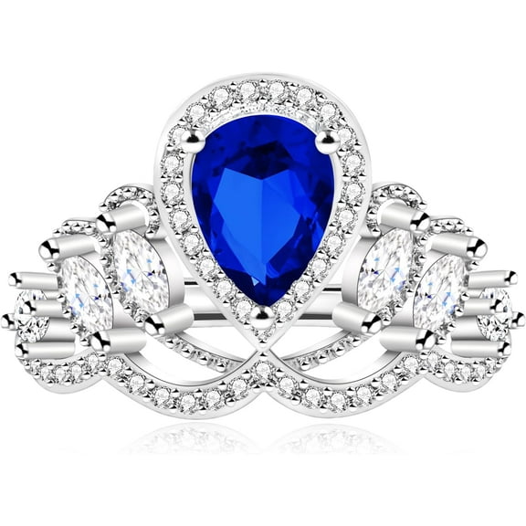 Uloveido Elegant Pear-Shaped CZ Princess Crown Tiara Rings Engagement for Women, Silver Color Teardrop Cocktail Statement Ring Adjustable