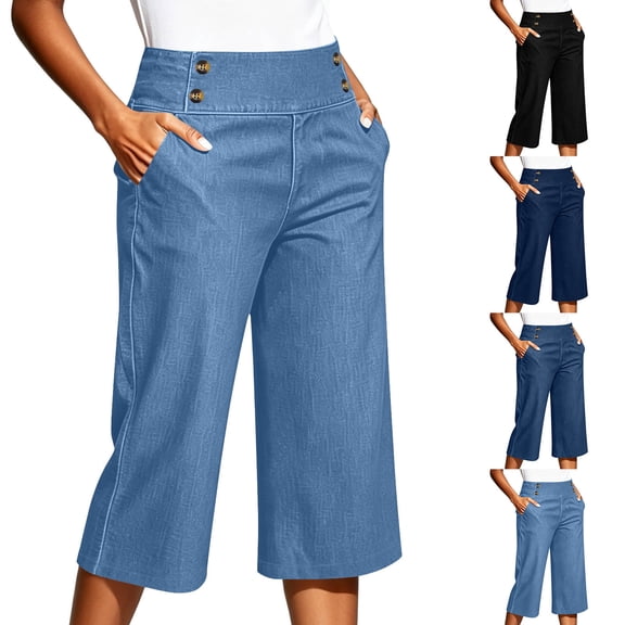 Oksale Denim Wide Leg Capris for Women Stretch High Waisted Jean Capri Pants with Pockets Loose Cozy Summer Vacation Outfits 2026 Light Blue M