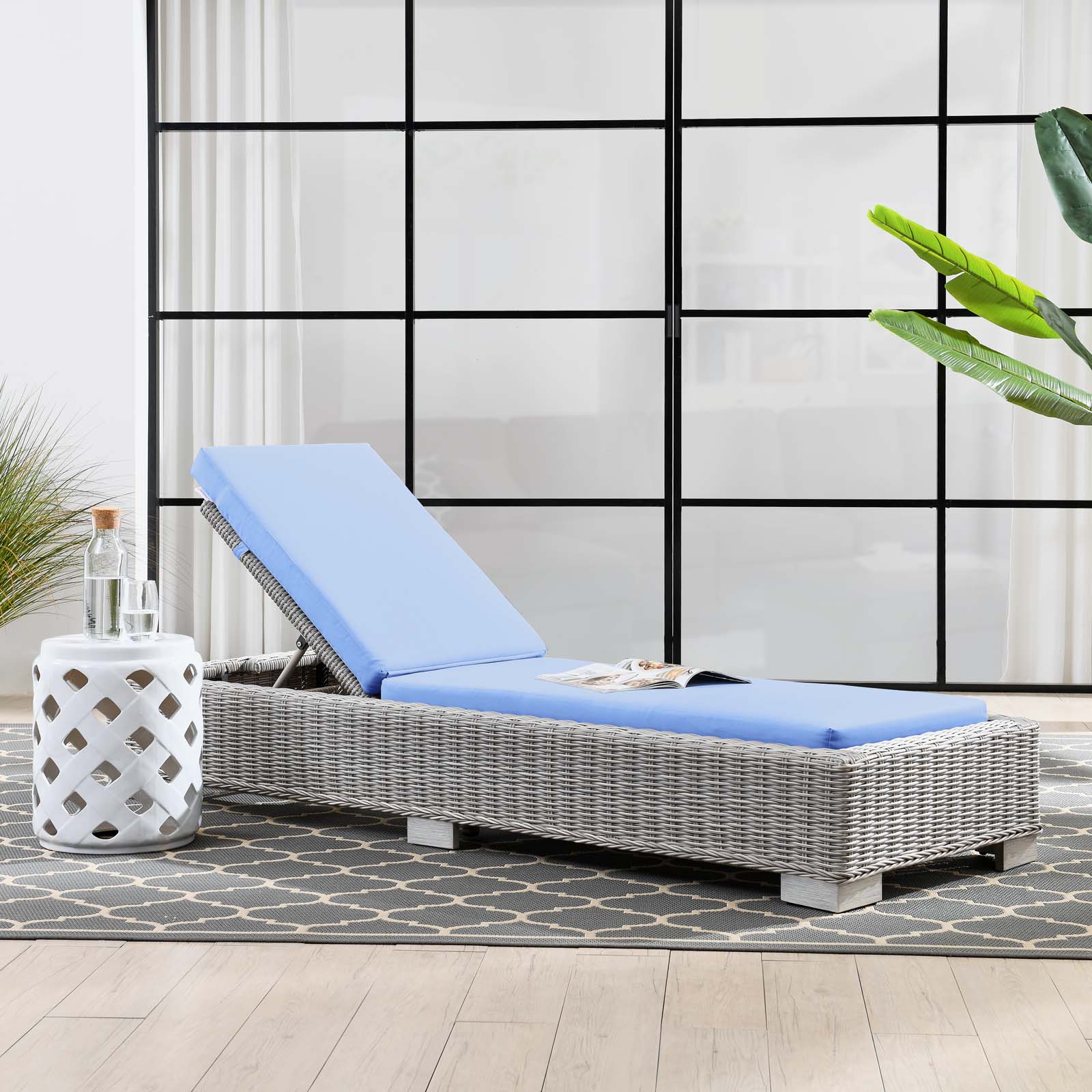 Lounge Chair Chaise, Rattan, Wicker, Light Grey Gray Light Blue, Modern Contemporary Urban Design, Outdoor Patio Balcony Cafe Bistro Garden Furniture Hotel Hospitality - image 2 of 9
