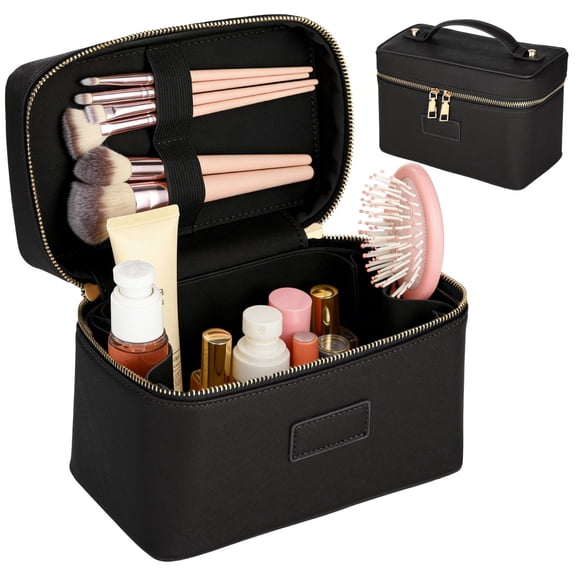 PU Leather Travel Makeup Bag, Large Capacity Zippered Cosmetic Organizer with Removable Liner, Waterproof Toiletry Bag, Portable Cosmetic Case for Women Skincare Brushes Accessories