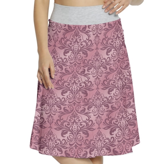 Women's Victorian Royal Flower Motifs Art A-line Printed Skirt Casual Wear, 3XL, Dried Rose Dark Mauve, by Ambesonne