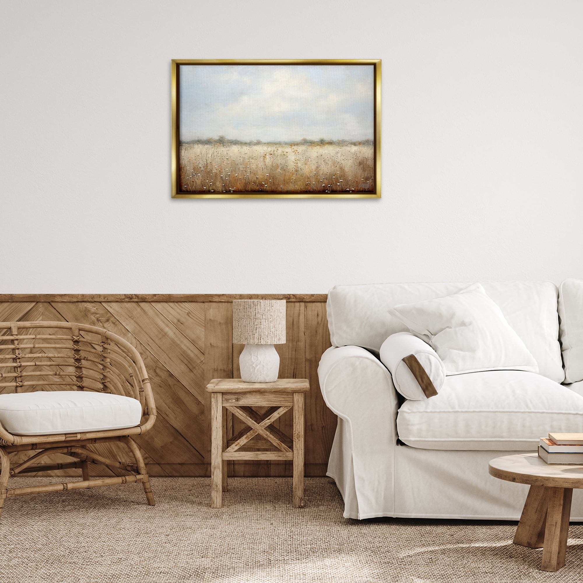 Stupell Industries Soft Daisy Field Landscape Painting Gold Floater Framed Art Print Wall Art, 31 x 21