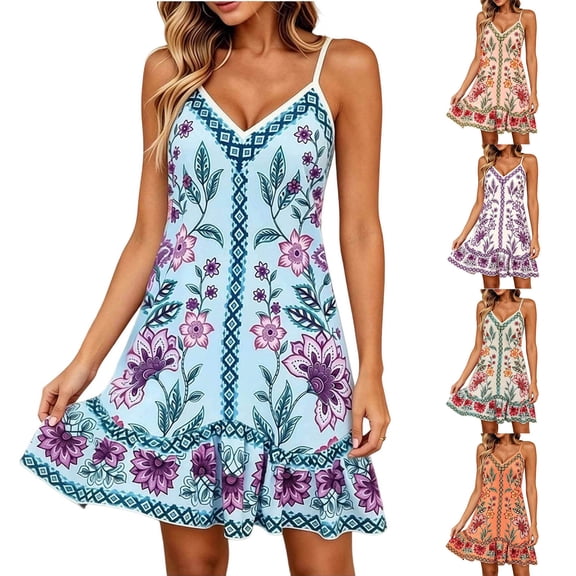 VBVC Women's Boho Floral Spaghetti Strap V Neck Dress , Ladies' Summer Ruffle Hem Swing Slip Dress , Casual Beach Vacation Mini Dresses For Women,Blue,S-2XL