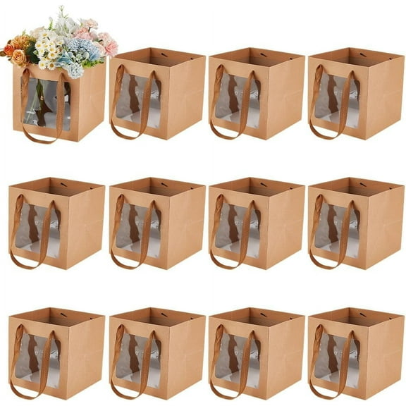 12 Pcs Kraft Paper Gift Bags with Transparent Window 7.8x7.8x7.8inch(20x20x20cm) Brown Gift Bags with Handles Kraft Shopping Bags