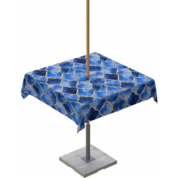 nqOlkjepod Blue Geometric Outdoor Tablecloth with Umbrella Hole & Zipper, Modern Morocco Abstract Art Square Table Cover 60x60 Inch, Dining Waterproof Table Cloth Protector for Patio/Party/Picnic