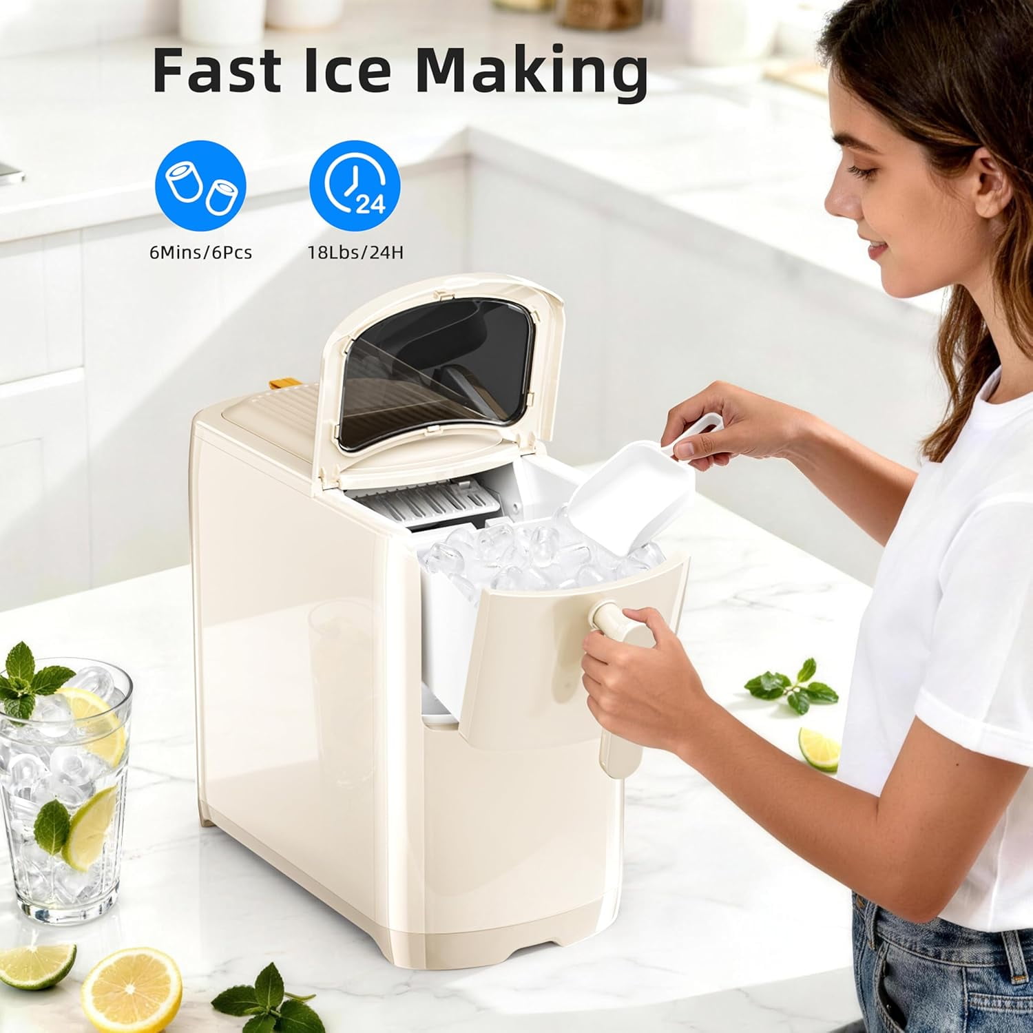 Portable Countertop Ice Maker,18Lbs/24H Bullet Ice Machine,7-Min 6Pcs Fast Ice Making Self-Cleaning,One-Touch Operation,Removable Lid Easy to Clean,Inculde Ice Scoop for Home,Kitchen,Office,RV(Beige)