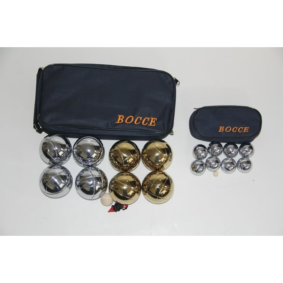 8 Ball Little and Large Pack - Combo 73mm Gold/Silver Balls and 35mm Metal Bocce/Petanque Sets with Blue Bags