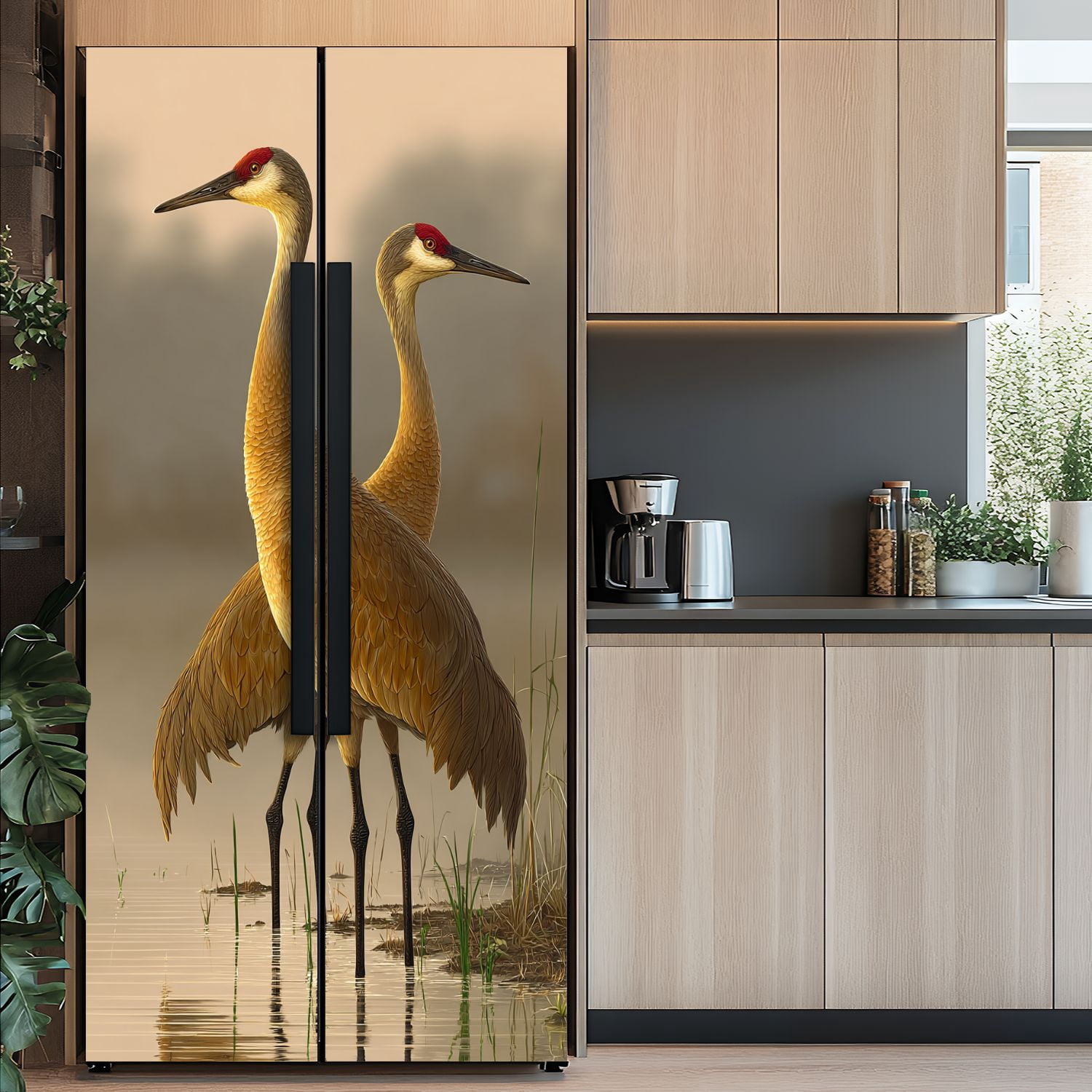 Self Adhesive Vinyl Refrigerator Wrap Set pair sandhill cranes water sunset lake Door Mural Removable Fridge Sticker Peel and Stick&nbsp;Full Door Cover Decal Kitchen Bar Decor