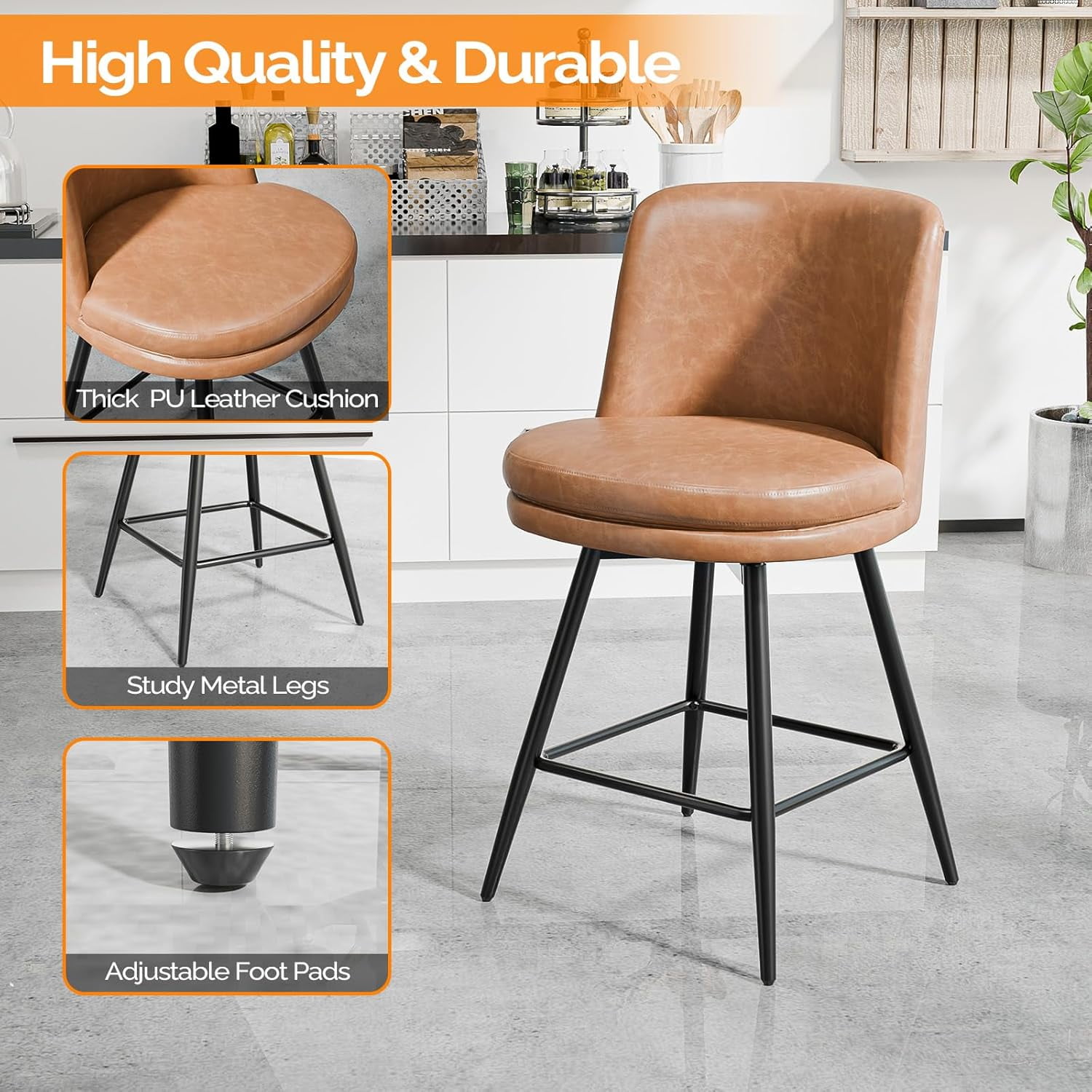 VINGLI 26" H Swivel Barstools Set of 2, PU Faux Leather Upholstered Counter Height Bar Stool with Back, Kitchen High Chairs with Cushion Round Seat, Metal Legs, White