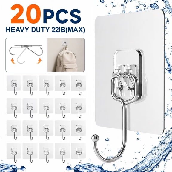 Genreen 20 Pack Large Adhesive Hooks, Wall Hooks for Hanging Heavy Duty 22Ib(Max), Clear and Removable Strong Sticky Hooks, Waterproof and Rustproof Multiple Uses for Bathroom Kitchen Office