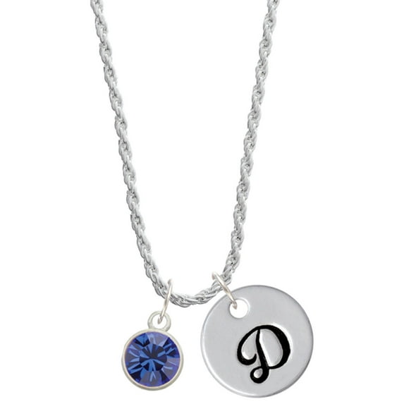 Delight Jewelry 10mm Blue Crystal Drop Silvertone Script Initial Disc - D - Charm Necklace, 20"+3"
