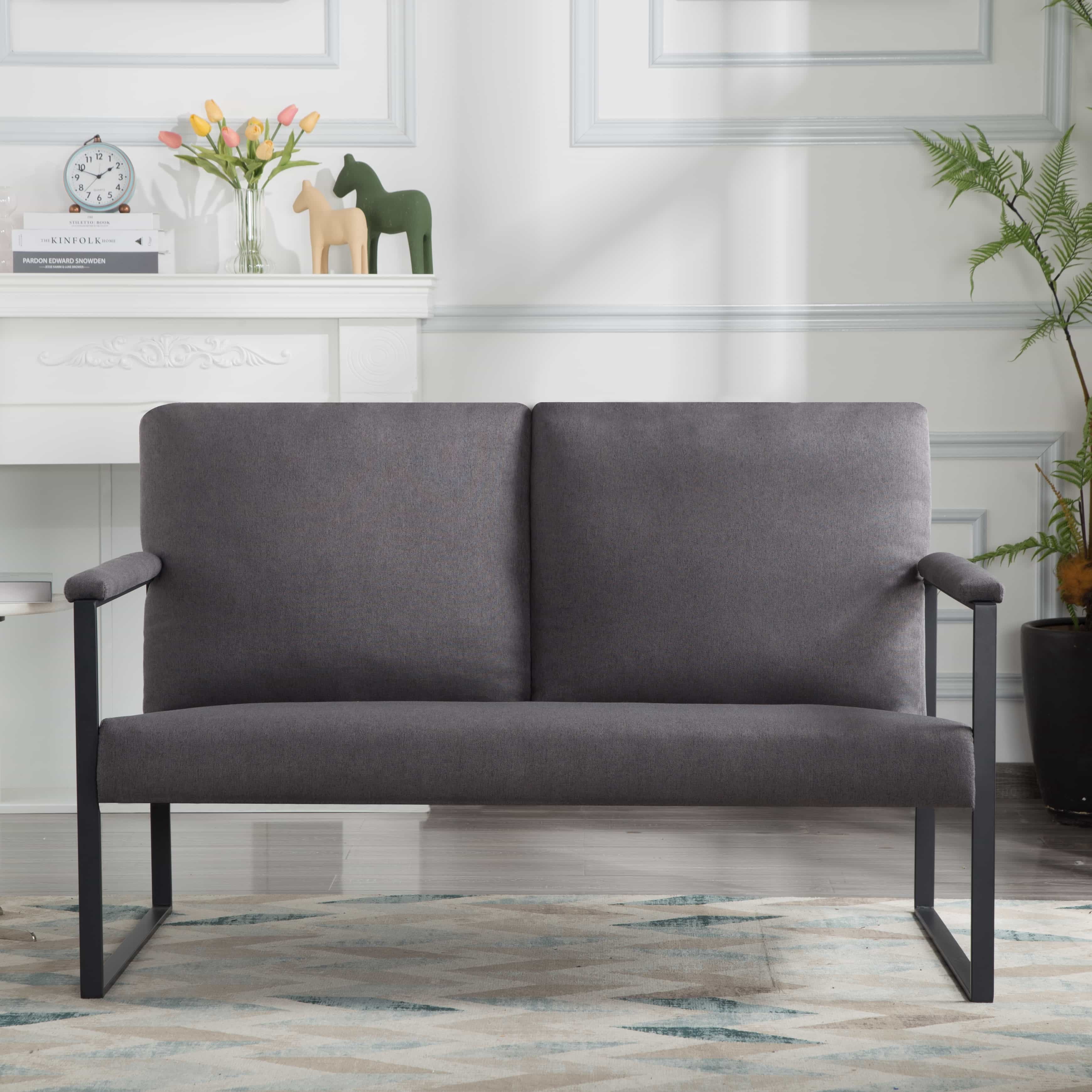 BSHTI Linen Blend Upholstery Loveseat,Sleek Metal Frame and Clean Lines,High-density Foam Loveseat,for Living Room,Bedroom,Study or Den(Dark Gray)